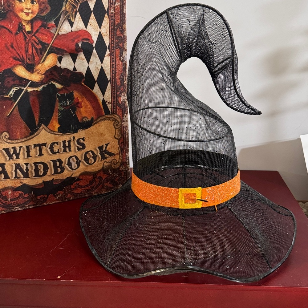 Wire and mesh Black Witch Hat with Orange Band and glitter effects